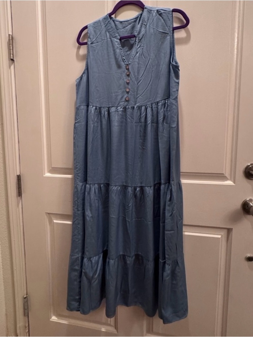 Sleeveless Light Blue Tiered Maxi Dress with Buttoned V-Neck